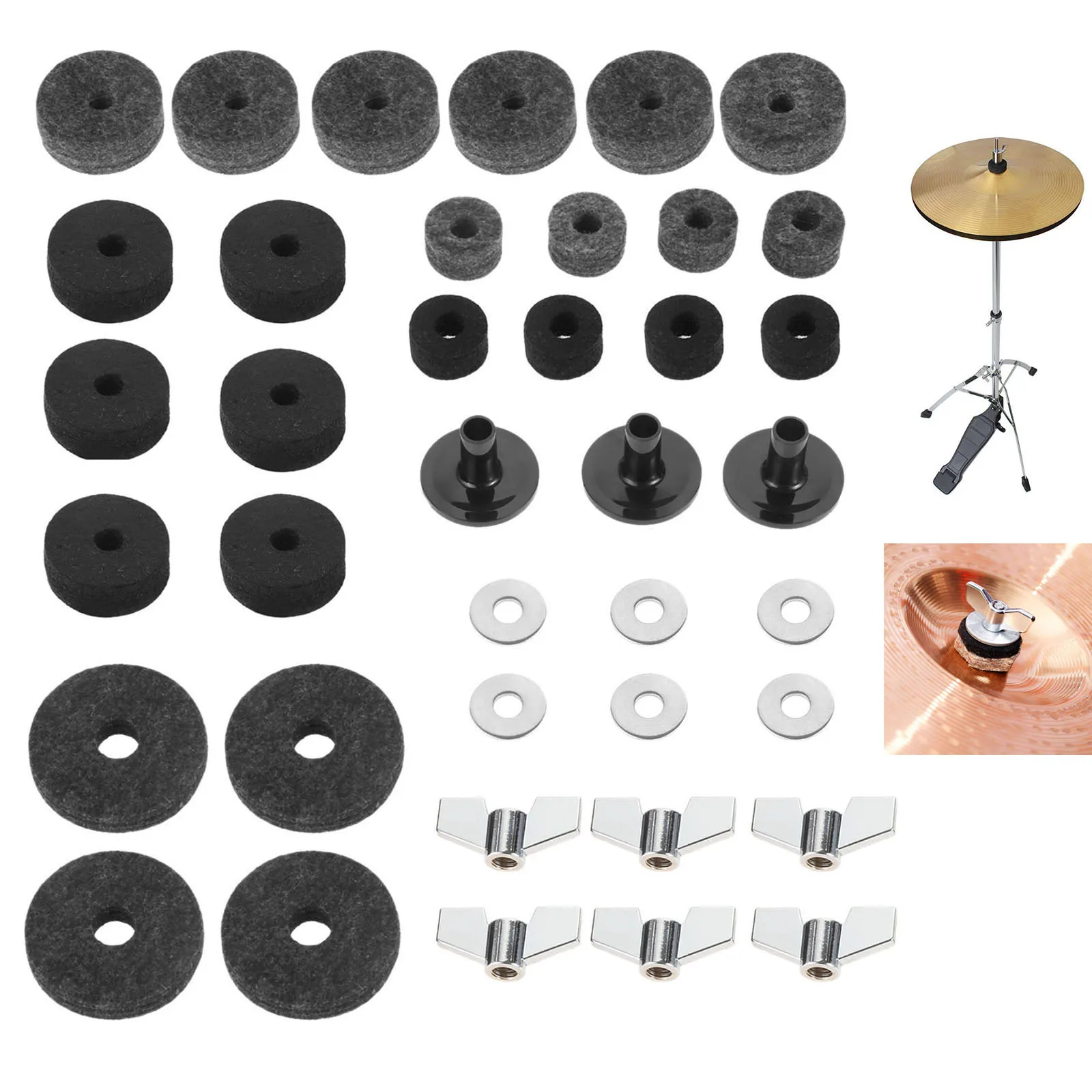 21 Pcs/set Cymbal Felts Hi-Hat Clutch Felt Hi Hat Cup Felt Cymbal Stand Sleeves with Base Wing Nuts and Cymbal Washer for Drum