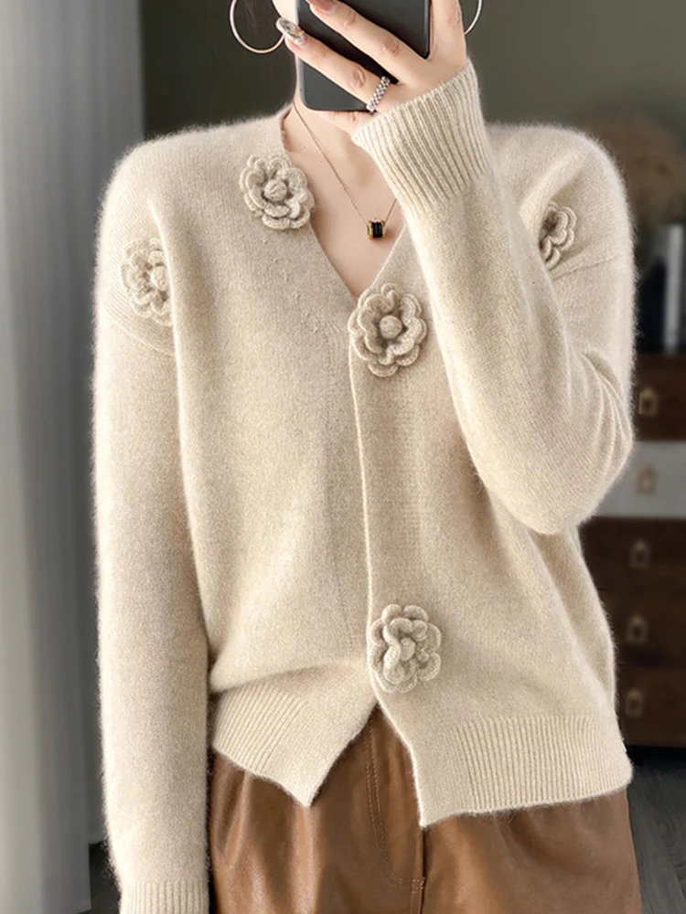 

Ele Knitted Long Sve Sweater with 3D Flower Decoration Warmth And Sle Agel Korean Sle Straight Cut Inner Wear