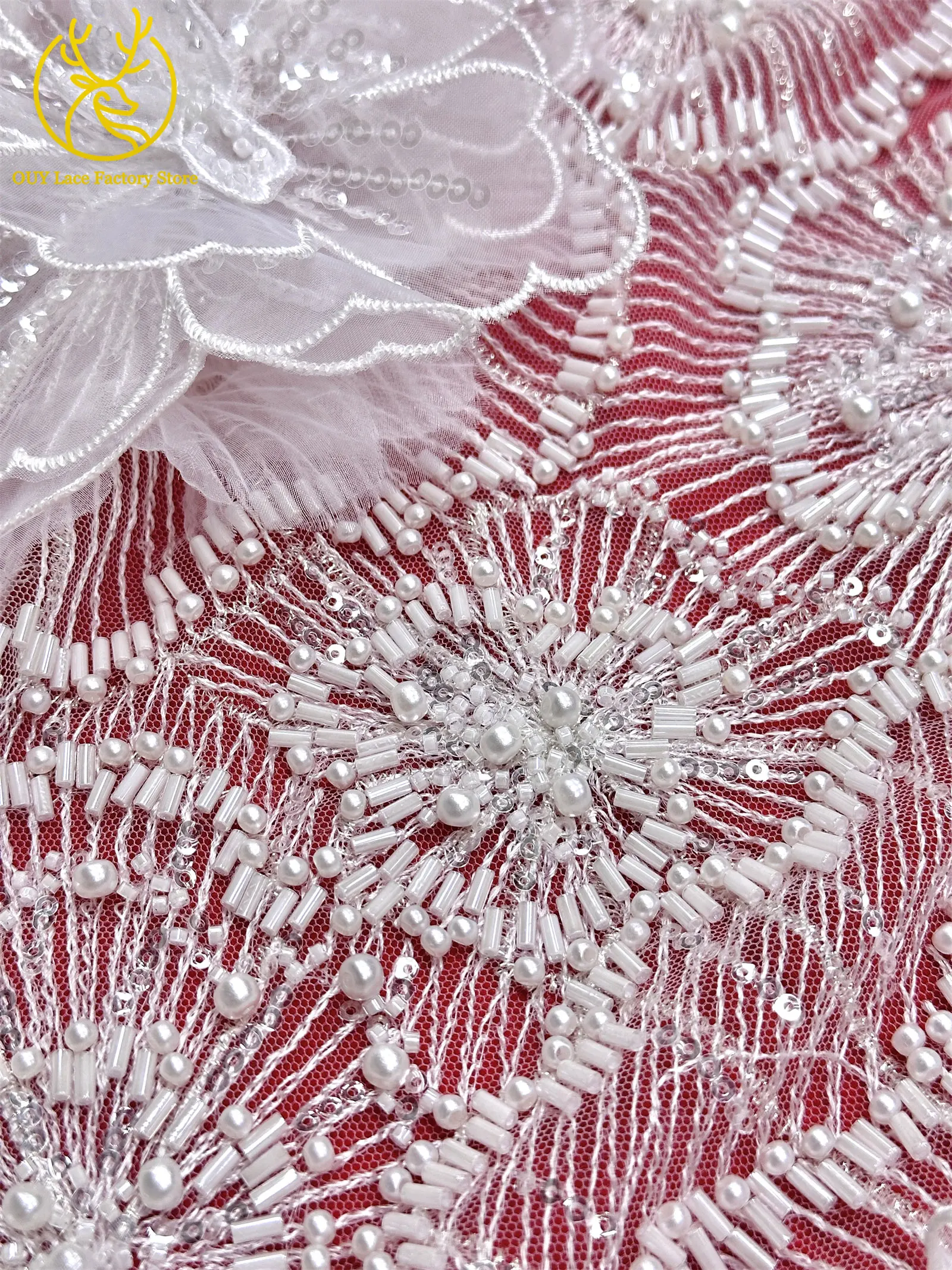 Hochwertige Exquisite 3D-Stickerei Blumen-Tüllspitze Hochwertige Afrikanische Perlen-Pailletten-Spitze Französischer Tüll Hochzeitskleid-Stoff – Detail 13