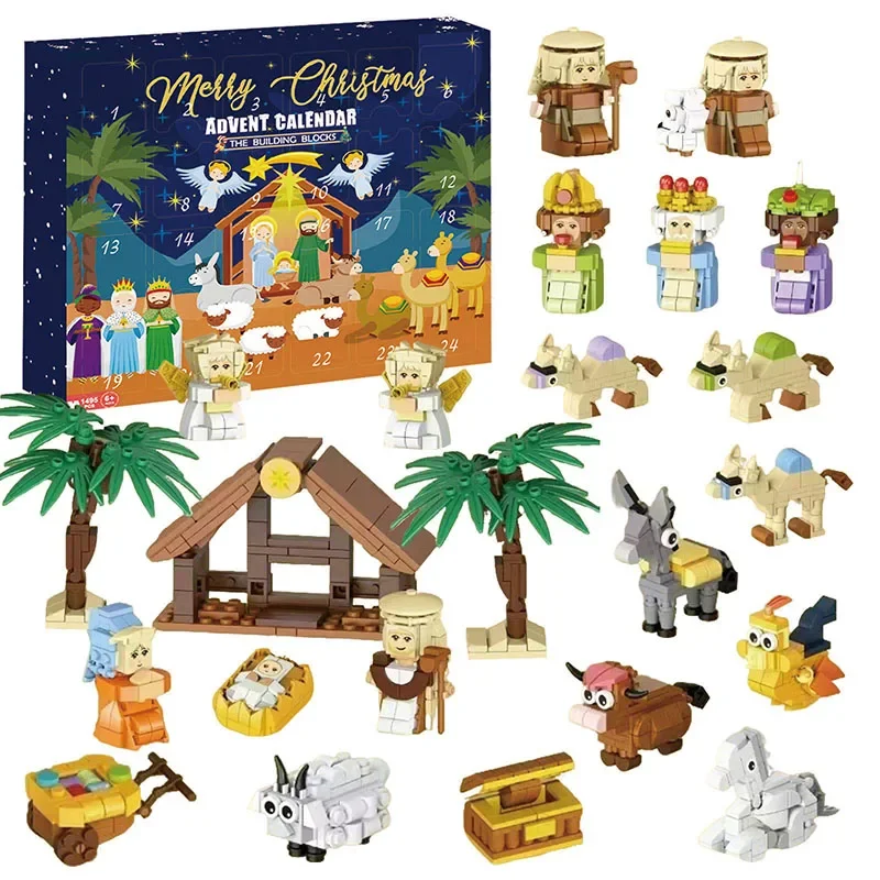 Boîte de calendrier de l'avent de noël à monter soi-même, jouets en briques de jésus de la nativité, compte à rebours de 24 jours, calendriers de l'avent, cadeaux pour cadeaux de fête de noël