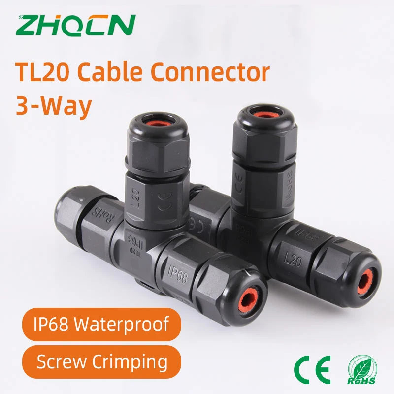 TL20 T-Shaped 3-Way Waterproof Cable Connector IP68 2Pin 3 Pin Screw Terminal PA66-Thread Nylon for LED Outdoor Solar Industrial