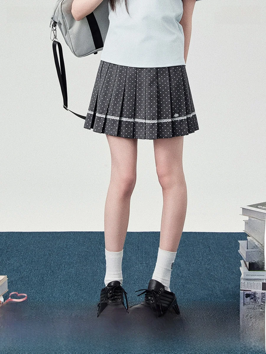 

Mrs. Flower Bell's New Spring Collection Women's Deep ey Polka Dot Pleated Skirt Sweet School orm Dr