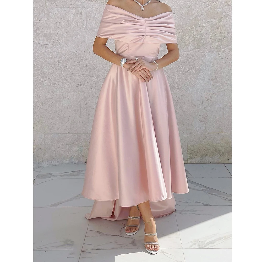 Customized Elegant Satin Off the Shoulder Evening Dress Delicate Boat Neck A-Line Short Sleeves Panel Train Homecoming Gowns