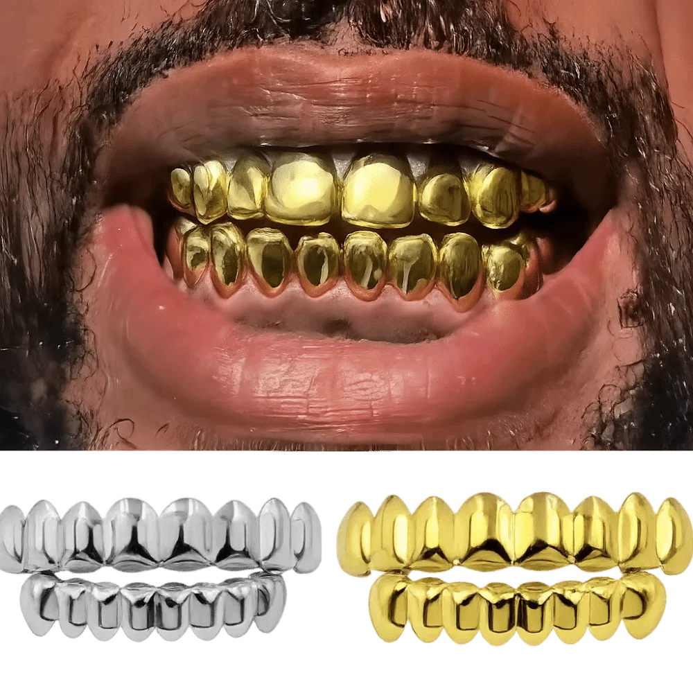 Glossy Finish Teeth Grillz Top Bottom Set Anti Slip Eco-friendly Copper Teeth Grillz Caps Gold Silver Teeth Jewelry Halloween