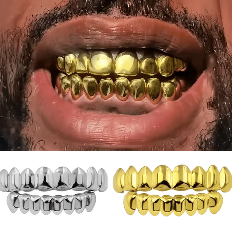 Glossy Finish Teeth Grillz Top Bottom Set Anti Slip Eco-friendly Copper Teeth Grillz Caps Gold Silver Teeth Jewelry Halloween
