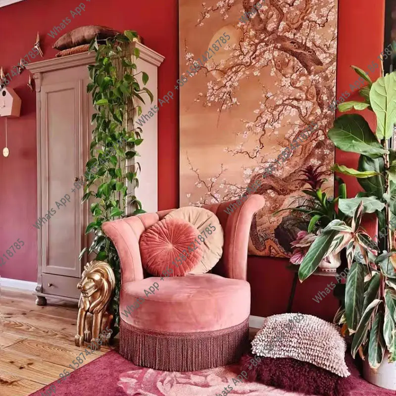 Retro-Samtsofa mit Fransen, Einzelsofa, französisches Rosa, nostalgischer Sessel mit Armlehne, runder Freizeitstuhl