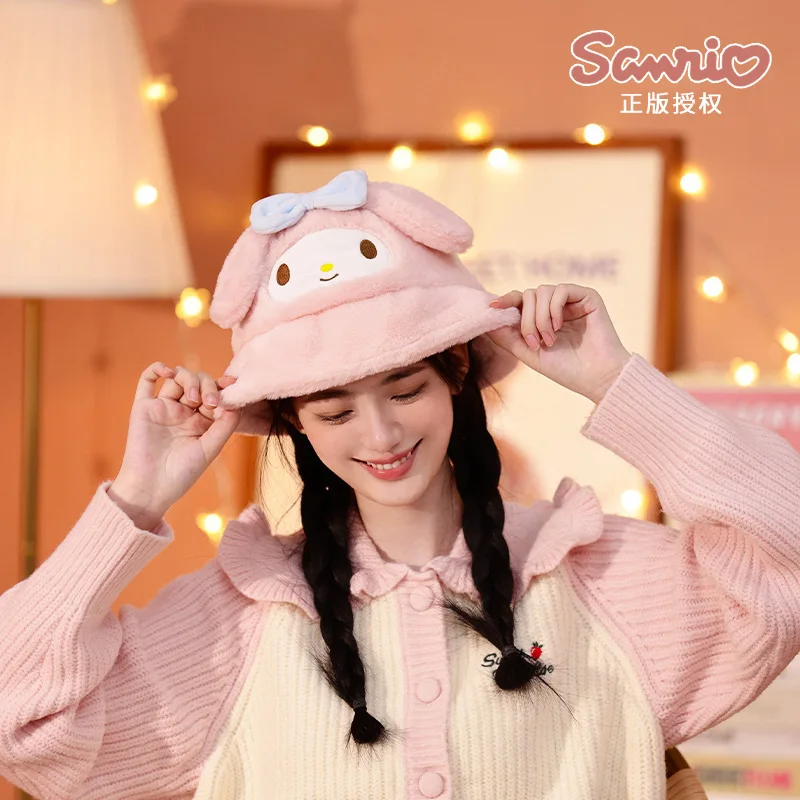 

Sanrio kuromi Cinnamoroll Melody plush pot hat cartoon padded hat winter ladies cute Hello Kitty girl heart fisherman hat