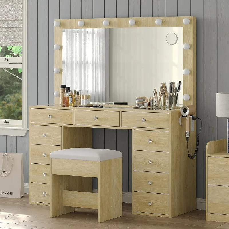 

Vanity Desk with Power Qutlet, Makeup Vanitywith Mirror and 12 LED Lights, 3 Lighting Modes, 11Drawers Vanity Table with Chair