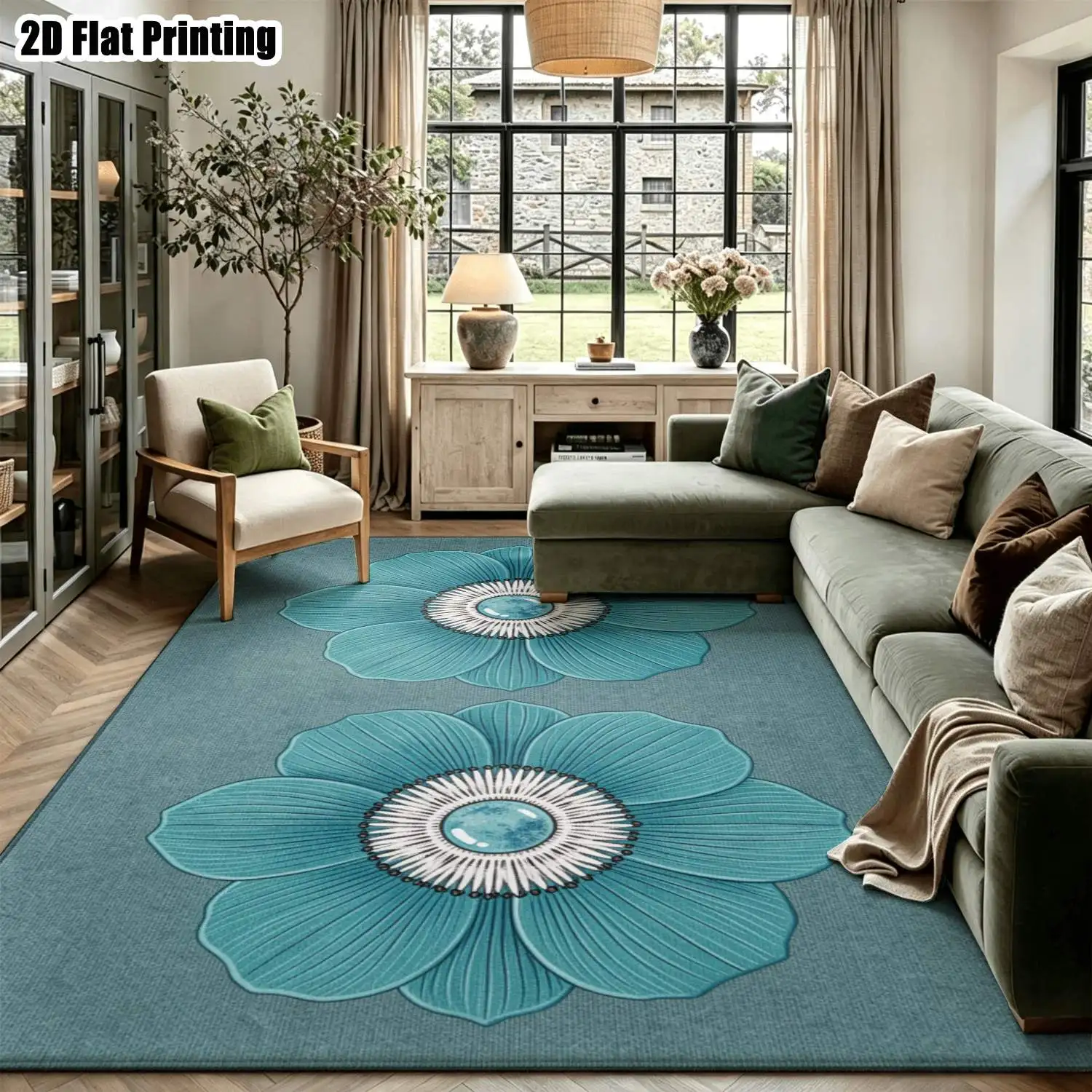 1Pc 2D Printed Nordic/Instagram Style Lake Blue Sapphire Flower Carpet, Machine Washable, Multi-Size for Home Decor, Multi-Scene Use