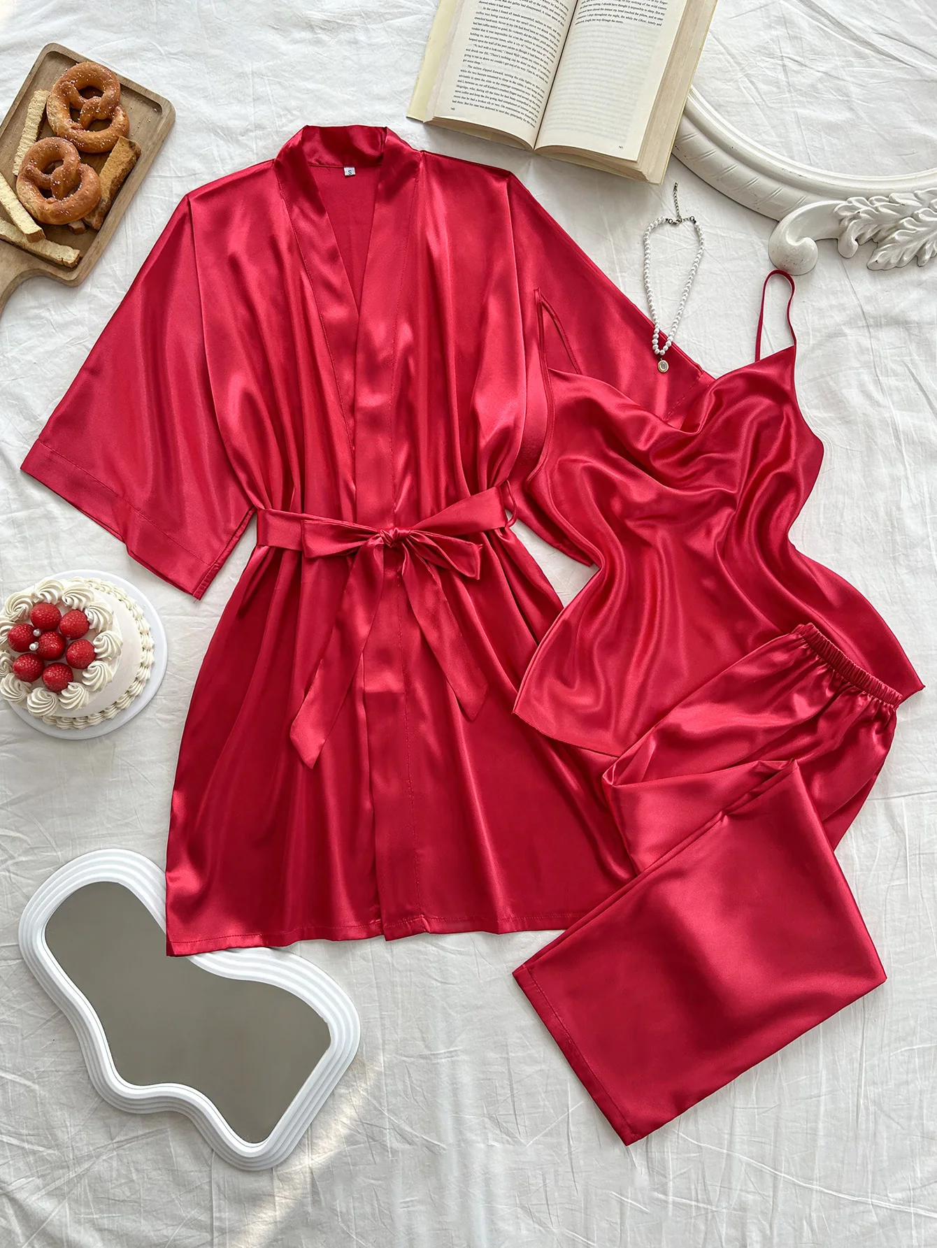 3 Piece V-neck Women's Pajamas Solid Color Dexy Robe And Halter Pajamas Polyester Women's Pajamas Set