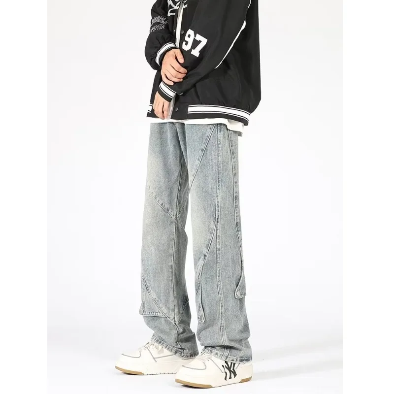 

American Retro Zipper Denim Jeans Men Loose Straight Casual High Waist Spring Autumn Trendy Pants Harajuku Sle Straight Leg