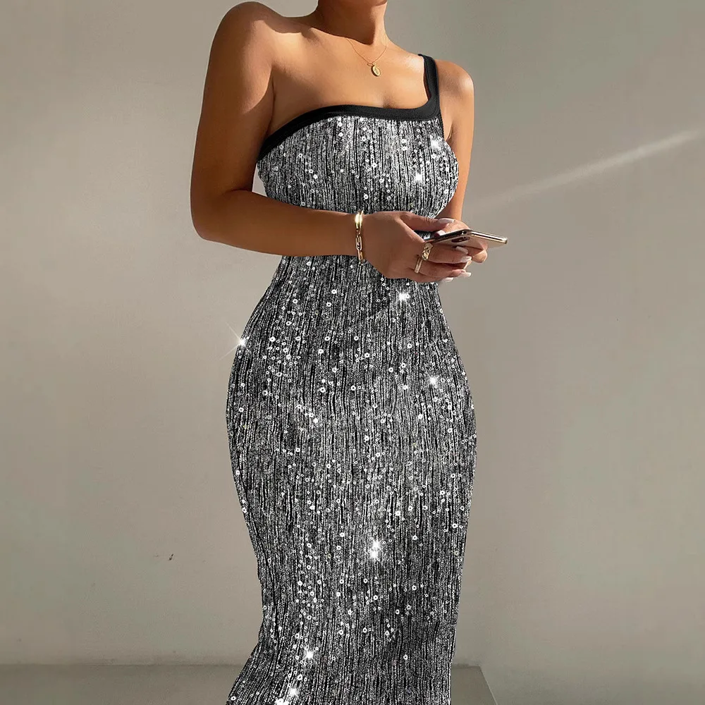 Vrouwen sexy slanke glitter lyrex een schouder spaghetti slim fit bodycon allover pailletten midi avondjurk