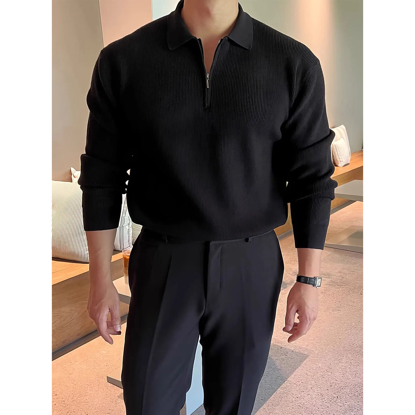 Autumn Winter Half-Zip British Lapel Slim Knit Polo Sweater Men's Business Casual Outerwear