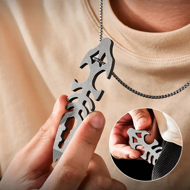 Titanium Alloy EDC Crowbar Fish Bone Shape Pry Bar with Necklace Keychain Gift Multifunctional EDC Survival Tool Bottle Opener