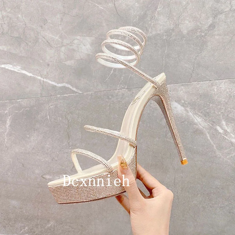 Summer New Crystal Decoration Thin Heel Sandals Women Solid Color Simple Versatile Narrow Band Sandalias Sexy Party Dress Shoes