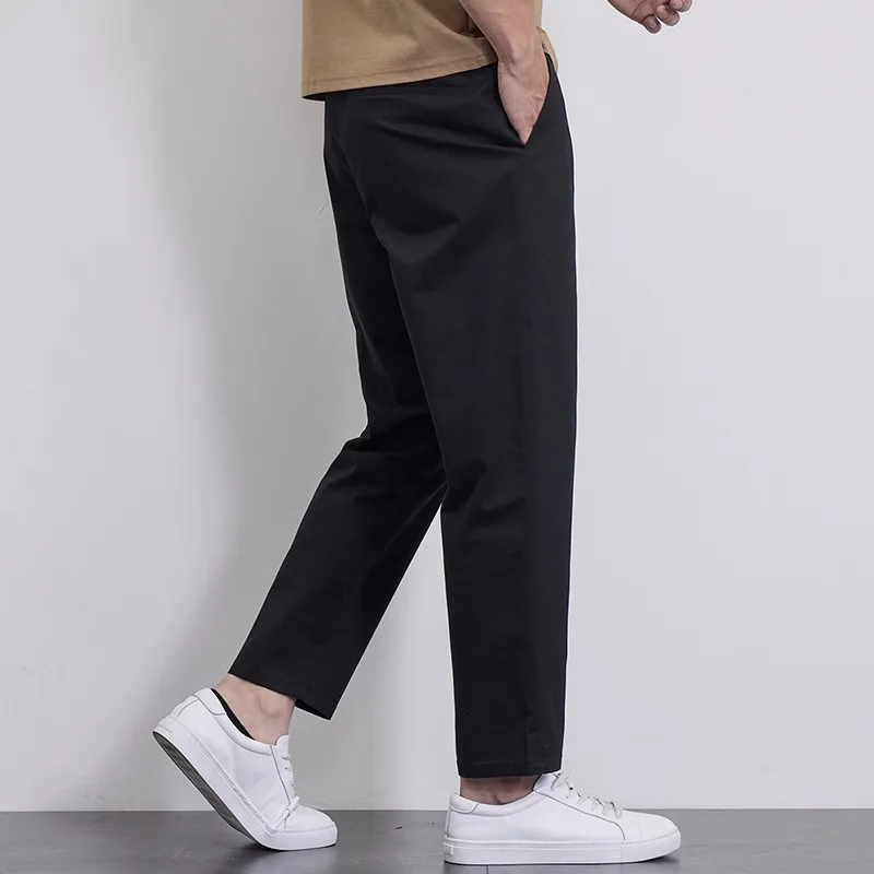 Летние брюки длиной до щиколотки, мужские прямые свободные растянутые брюки размера плюс 42, 44, 46, 97% мягкие хлопковые черные, серые повседневные мужские брюки-карандаш