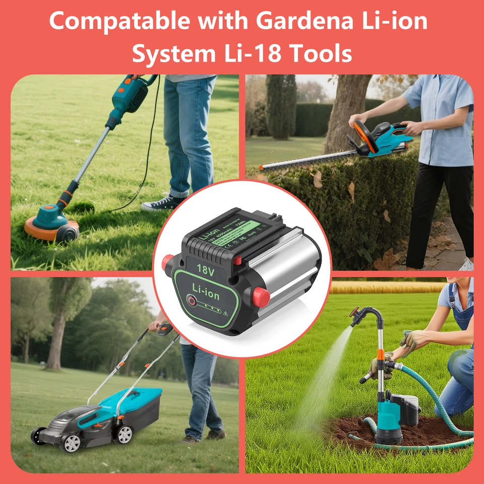 Batería de repuesto DREAMDASH 18V 4.0Ah 72Wh Li-ion para Gardena BLi-18 9839-20 9840-20 compatible con herramientas Gardena Li-18 EasyCut recortadora ComfortCut recortadora de setos cortacésped con BMS integrado y pantalla de energía LED 6