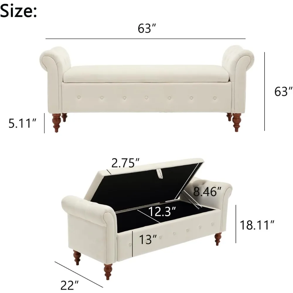 63'' Ottomane-Bank mit Stauraum für Schlafzimmer, Bettbank mit Armlehnen, Samt-Aufbewahrungsbank mit Knopf für den Eingangsbereich