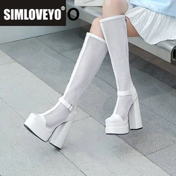 SIMLOVEYO Luxry Shoes Women Knee-high Summer Boots Square Toe Chunky Heel 14cm Double Platform 4.5cm Zipper Buckle Plus Size 45
