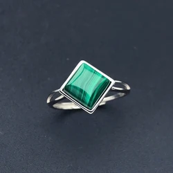 Trendy Natural Malachite Ring Sterling 925 Silver Square 8mm for Women Femme Birthday Wedding Party Trendy Jewelry Gift