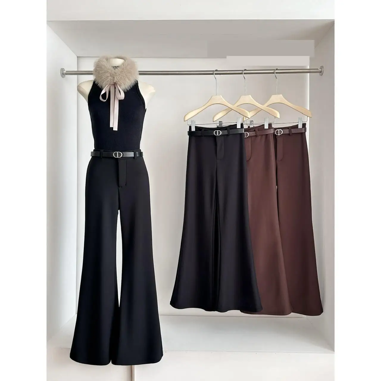 Women's Spring Autumn Casual Micro Flare Fleece Lining Warm Thick Long Pants Lady High Waist Slim Solid Color Full Length Pants
