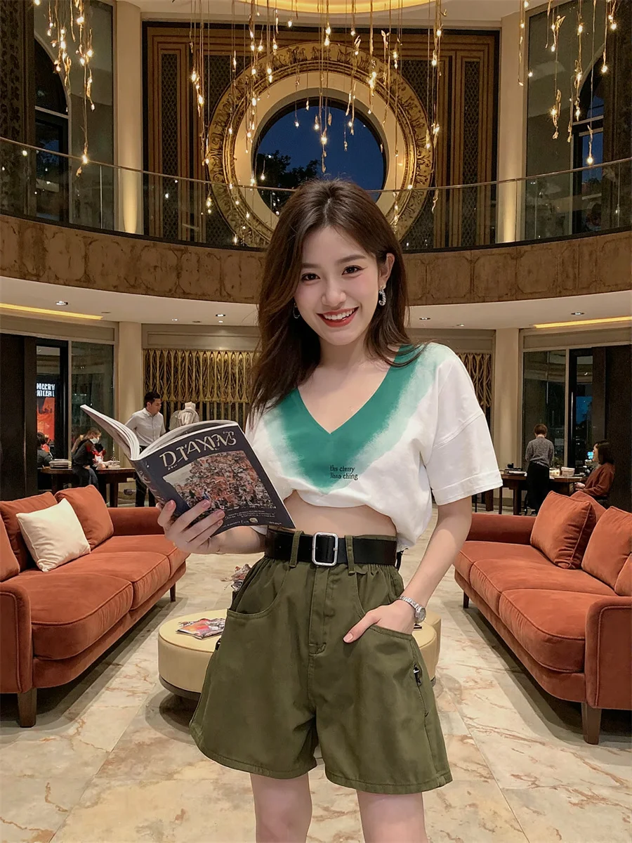 Pantaloncini verdi in denim Gonna a pieghe da donna Office Lady Elegante bottone Classico Pantaloni corti Dimagranti Chic Preppy Elegante femminile