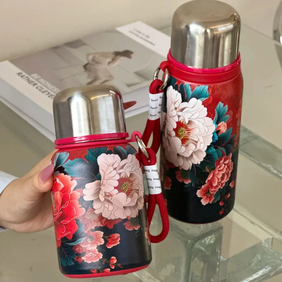 Retro and Bustling High-value Insulated Cup with Creative Rose Pattern Double-layer Water Cup Car Portable Drawstring Stew Cup