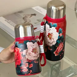 Retro and Bustling High-value Insulated Cup with Creative Rose Pattern Double-layer Water Cup Car Portable Drawstring Stew Cup