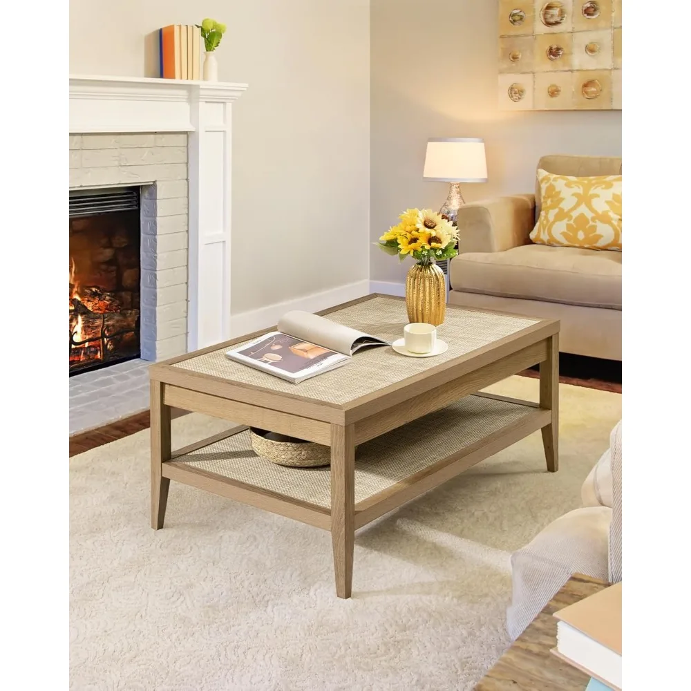 Rectangle Coffee Table for Living Room, Farmhouse Boho Center Table with 2-Tier Rattan Storage Shelves, Sofa Side Accent Table