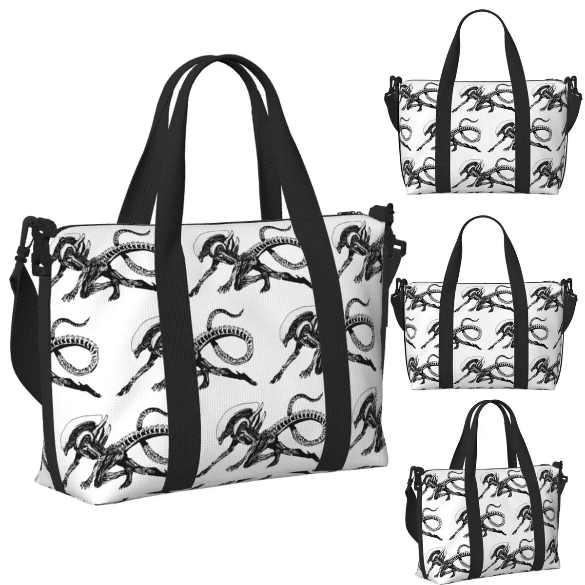 

Custom Xenomorph Alien Movie Beach Travel Bag Large Capacity Tote Bags for Gym Sport Women Shopping Duffle Shoulder Bag