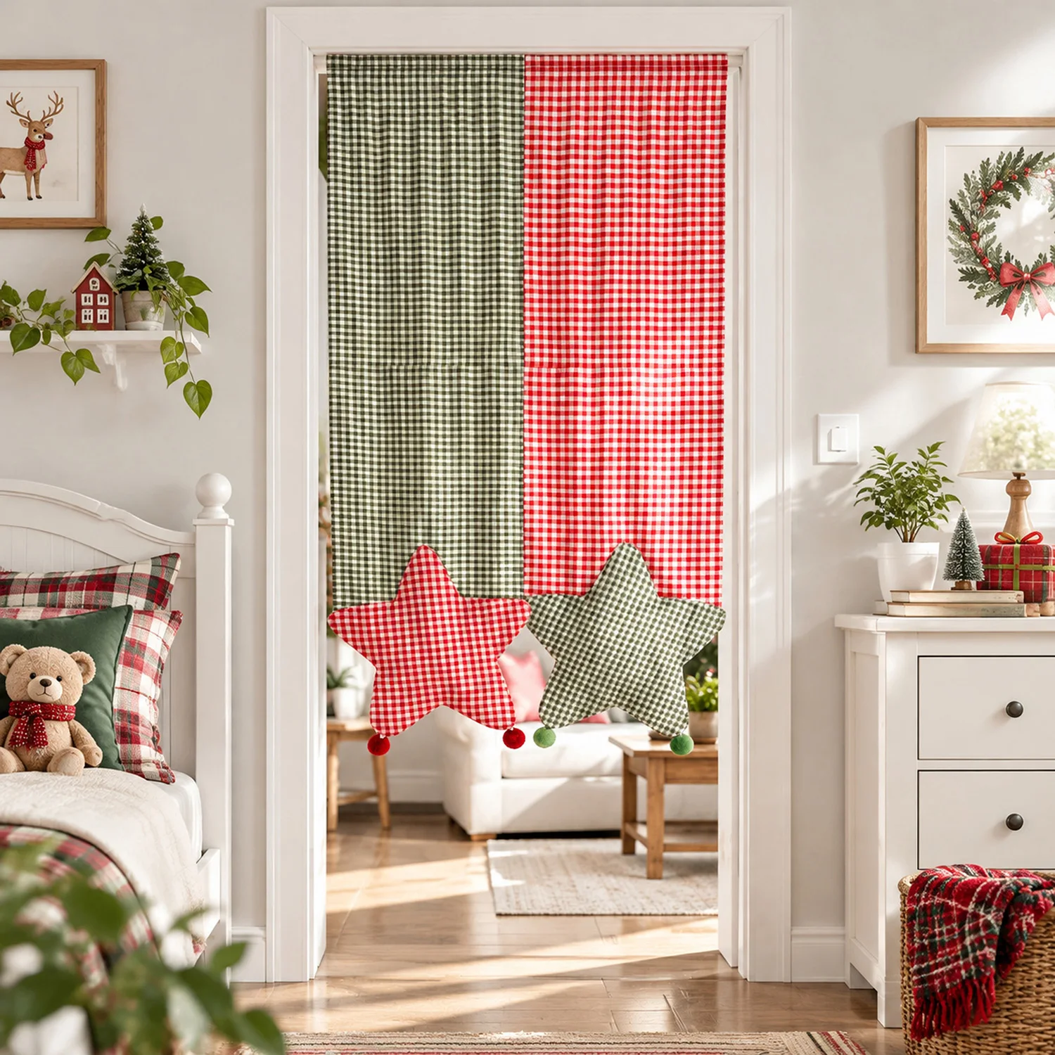 1Pc,Christmas Checkered Door Curtain,Red&Green Plaid Star Valance with Pom Pom,Farmhouse Xmas Decor for Room