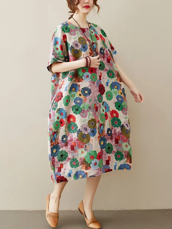 Ropa holgada de lino y algodón Dr round Ne ort Sve de longitud media para mujer, ropa de verano de talla grande, adelgazante, reductor de edad