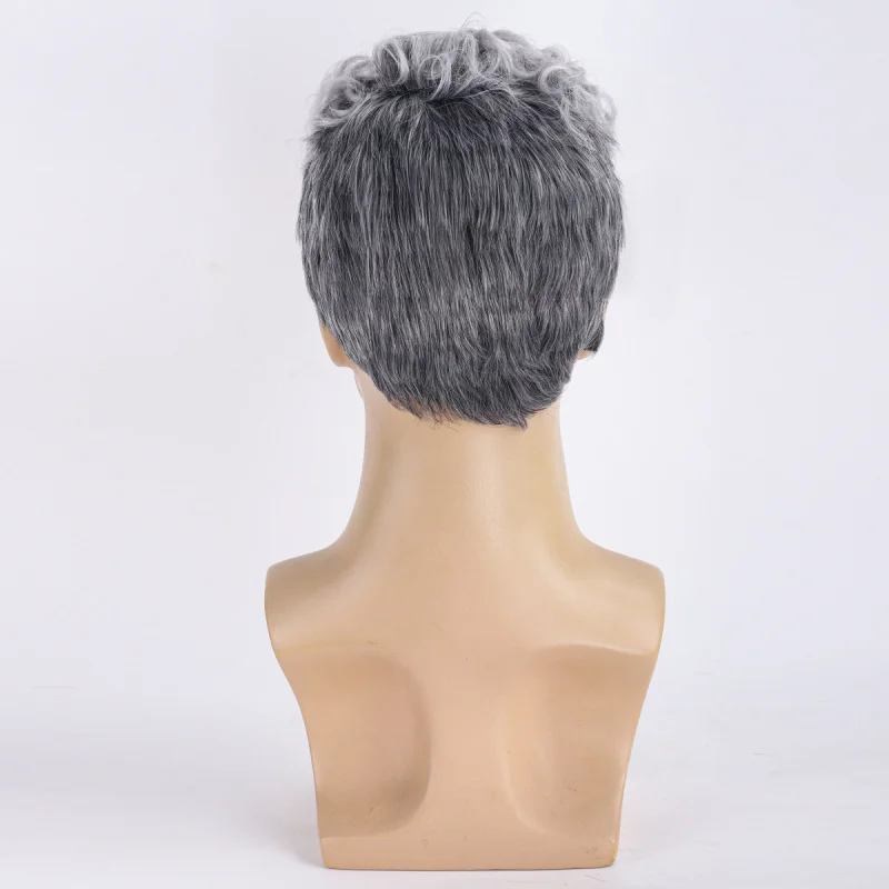 European and American men's short curly hairstyle, gray-white gradient new fluffy high-temperature synthetic fiber wig