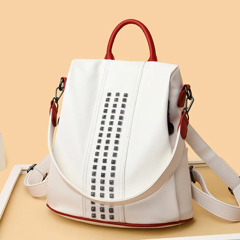 Anti Theft Backpack Women Soft Leather Shoulder Bag Large Capacity Ladies Rivet Travel Backpack School Bags Girls Mochila White