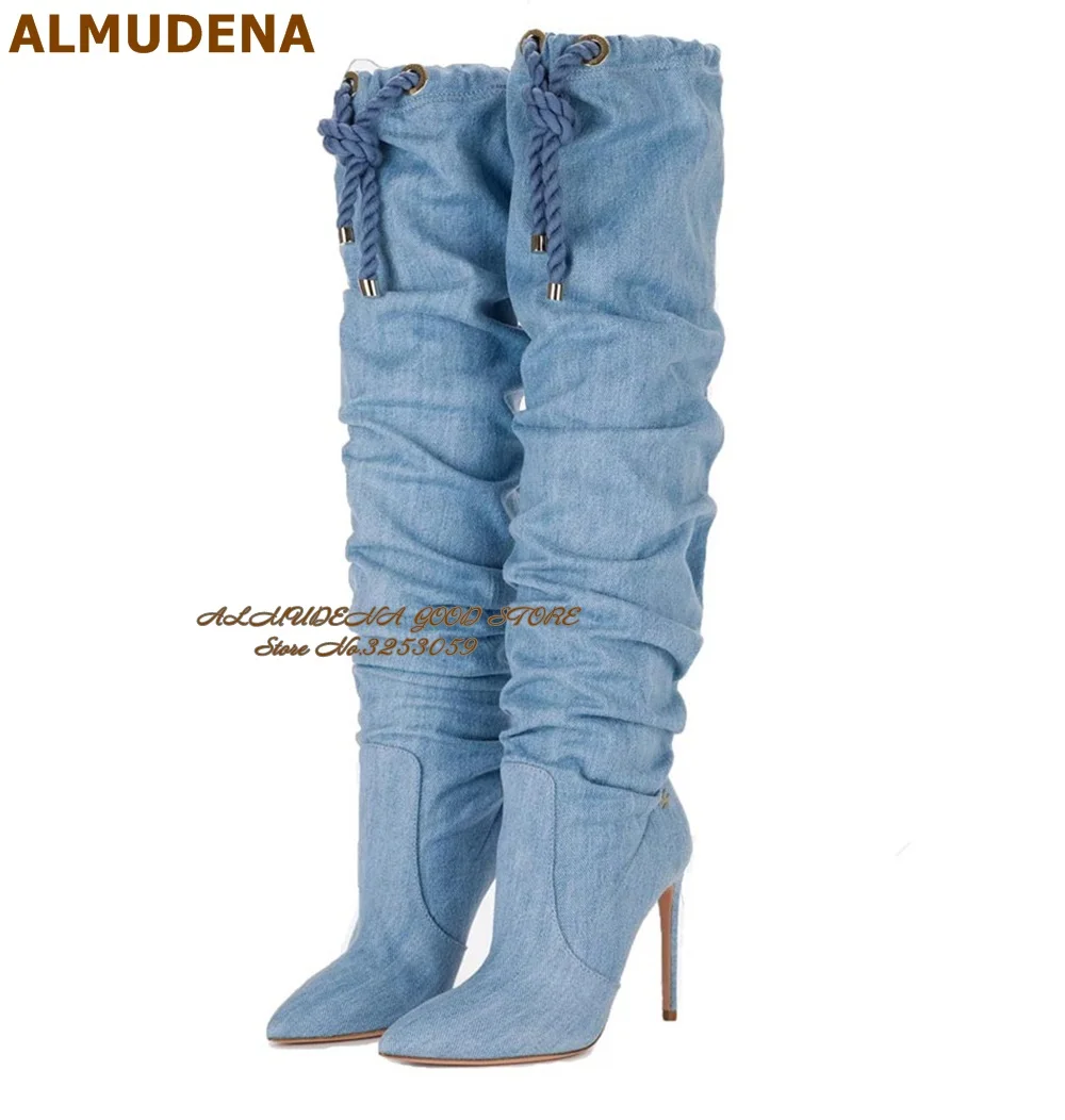 

ALMUDENA Blue Denim Folded Over-the-knee Boots Stiletto Heels Pointed Toe Pleated Tall Boots Rope Lace-up Jeans Shoes Size46