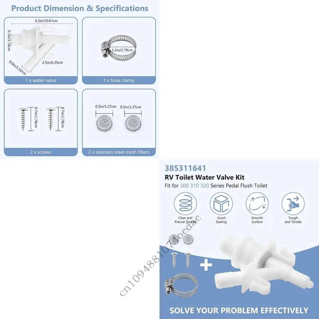 Motorhome Toilet Flush Water Valves with Hose Clamp 385311641, 2 Screws and 2 Mesh Filters, Threaded Fitting Replacement Part