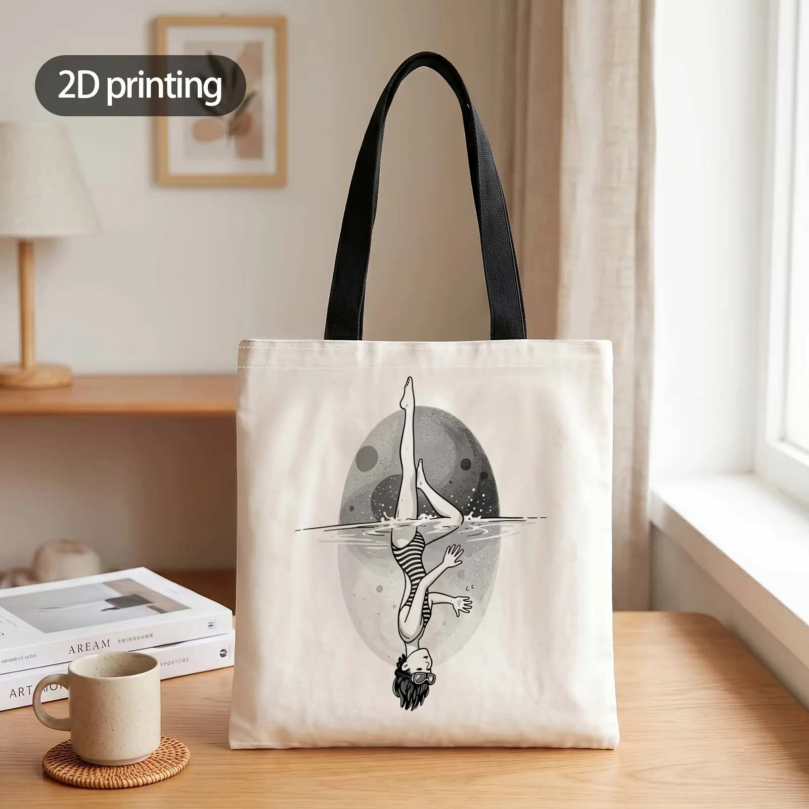 1pc 2D Printed Handbag with Diver's Dream Under Stars Pattern, Reusable Fashion Shoulder Bag Handbag Shopping Tote Bag Suitable
