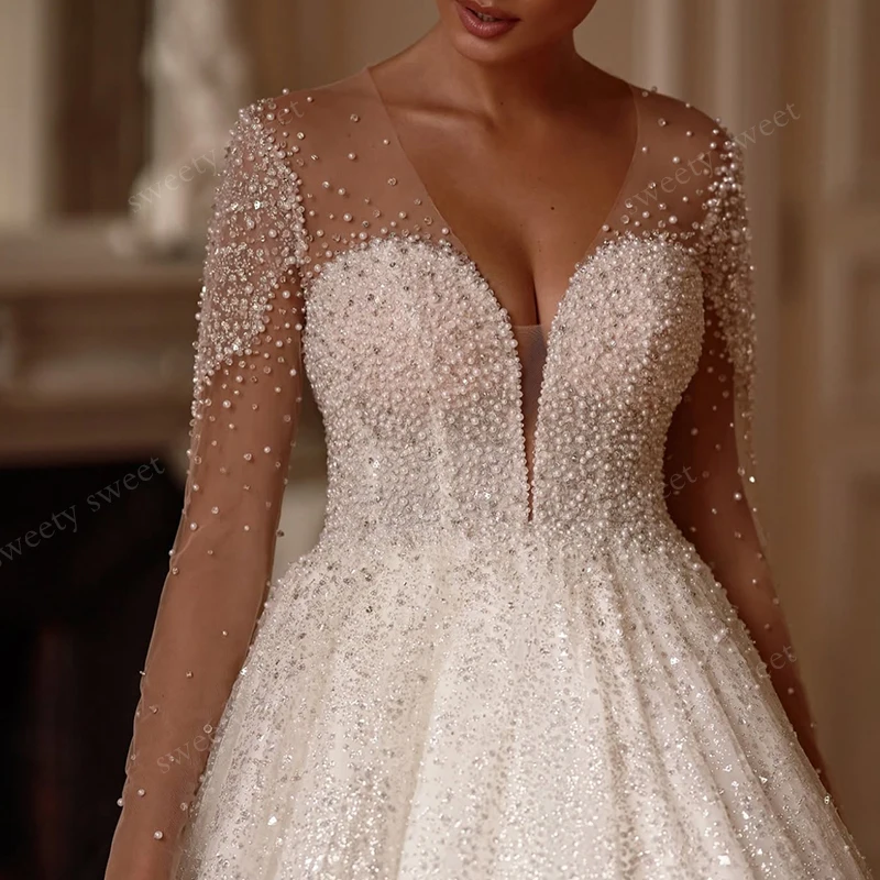 Robe De mariée gracieuse, broderie De perles, robe De bal, manches longues, col en v, bouton arrière personnalisé