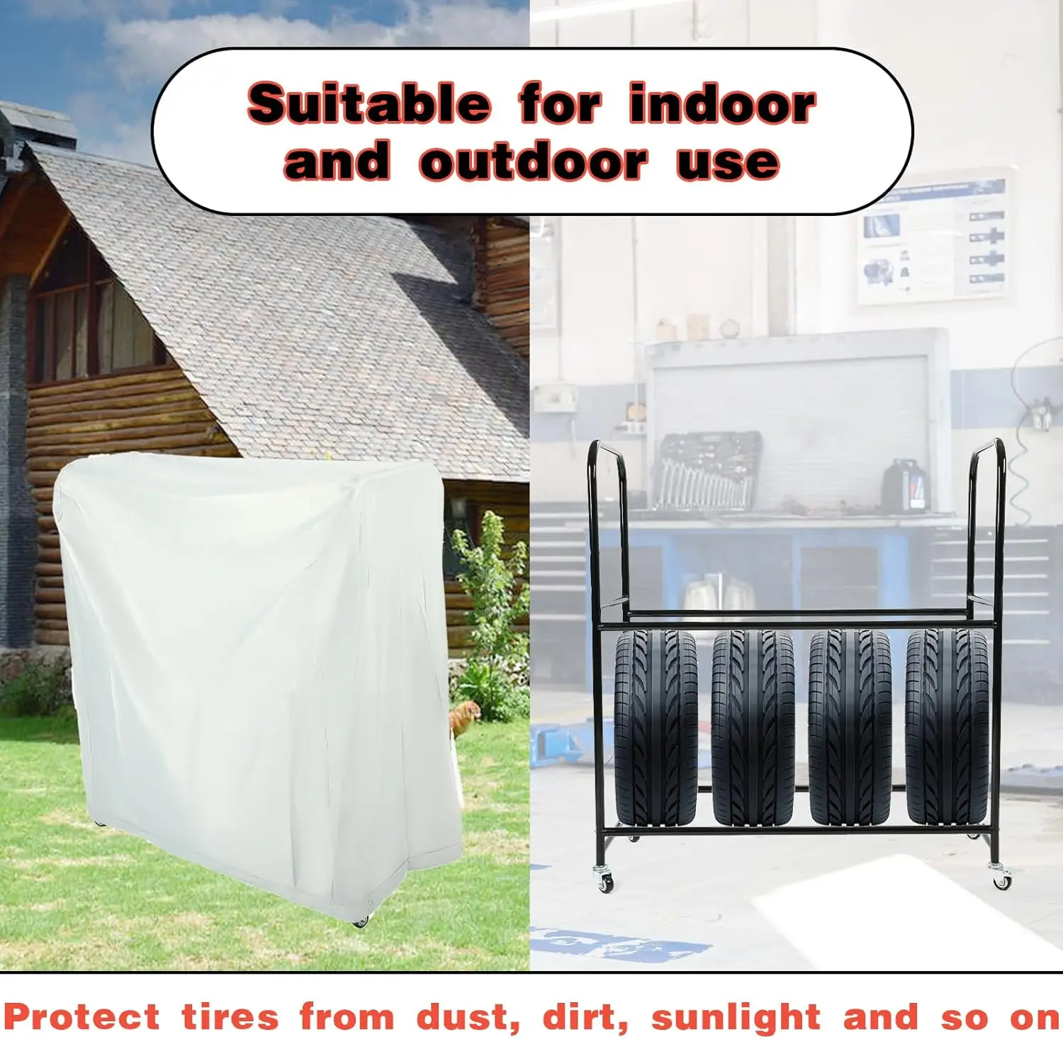 바퀴와 덮개가 있는 조절 가능한 타이어 보관 랙, 타이어 8개 수납 가능, 46'' x 19'' x 44'', 차고 선반