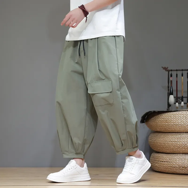 Men's Chinese Style Cropped Harem Pants Loose Baggy Lantern Trousers with Side Pocket Lightweight Casual Plus Size Summer Pants