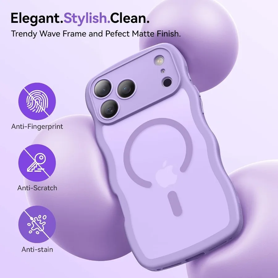 حافظة هاتف غير لامعة باللون الأرجواني الفاتح مع إطار مموج لطيف لهاتف iPhone 17 Pro 6.3 تتميز بحماية كاملة للكاميرا وMagSafe Compatibi #5