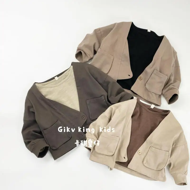 

2026 Spring New Children Long Sleeve Coat Cotton Baby Solid Casual Cardigan Boys Girls Vintage Single Button Jacket Kids Clothes