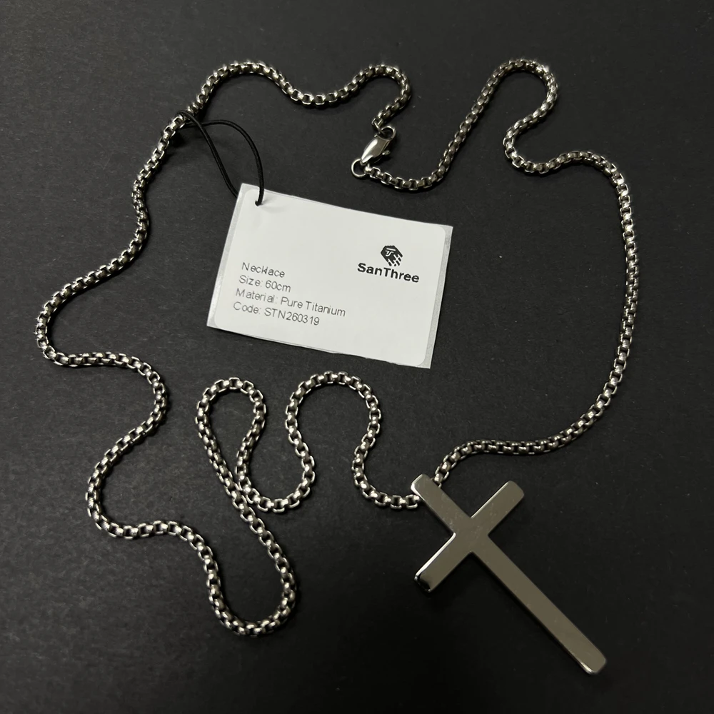 SanThree 2.5mm Width Pure Titanium Square Box Chain with Glossy Pure Titanium Cross Necklaces for Men Women Anti-Allergic Chains