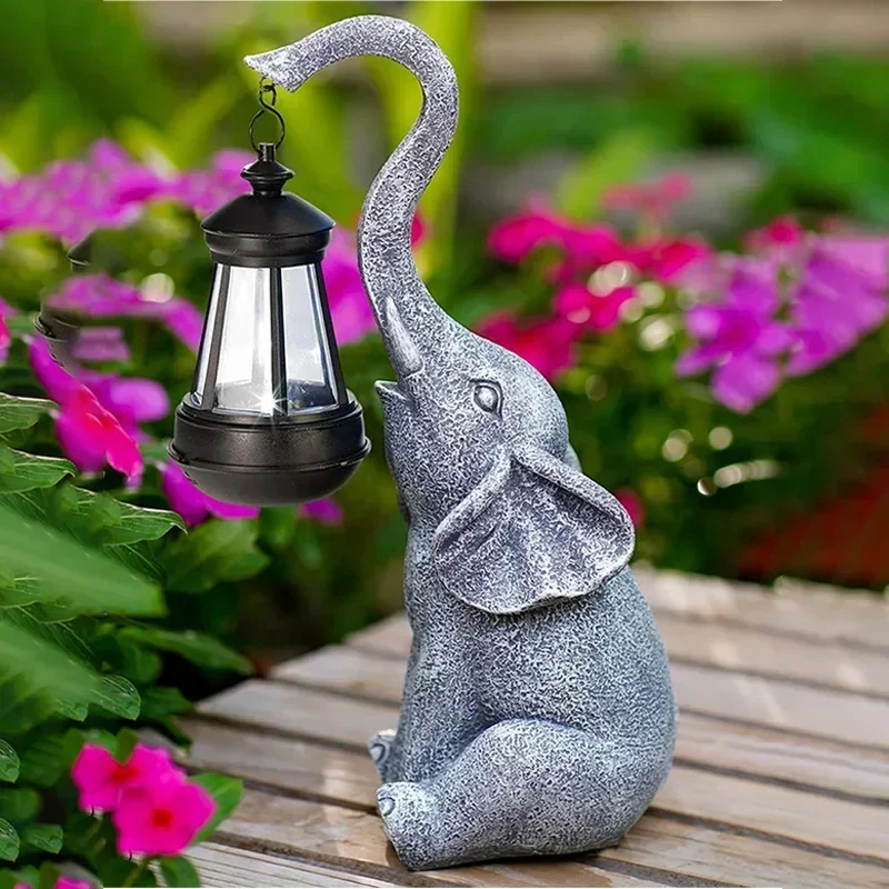 1pc Elephant Cat Garden Statue Resin Solar Animal Lamp Cute Creative Outdoor Statue Decorative Light for Yard Balcony Pathway