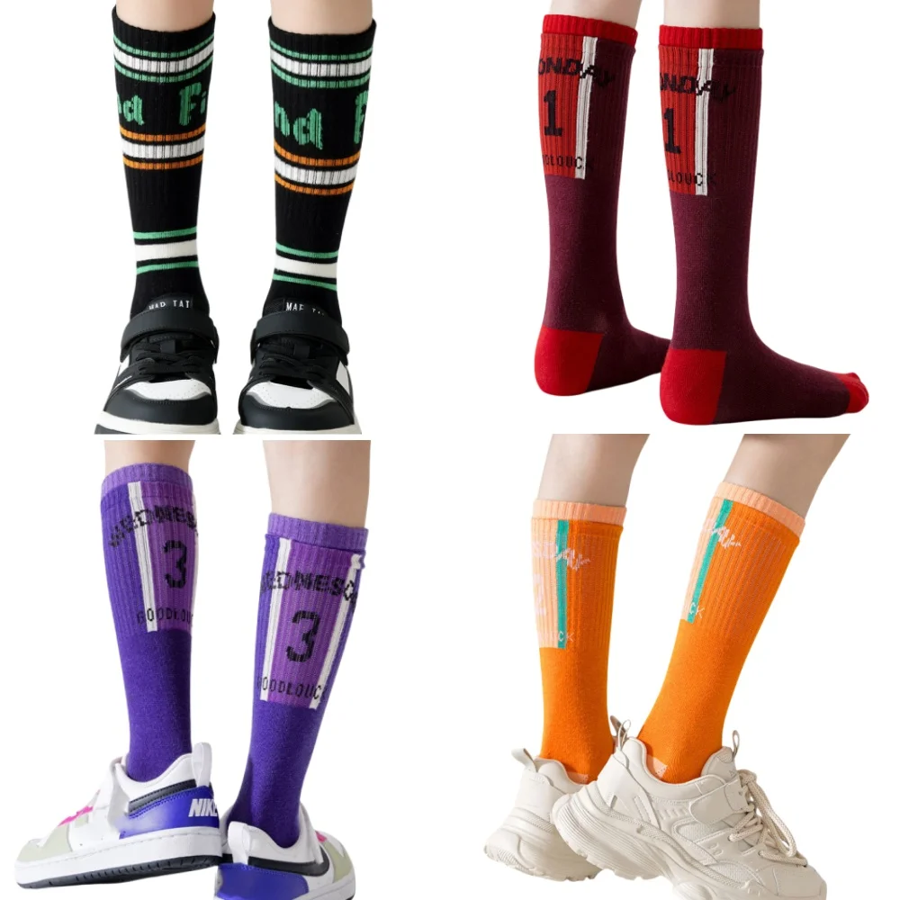 4 Pairs Children's Spring Knee Socks Cotton Striped Kids Long Socks Sporty Socks Boys Girls Skating Athletic Socks