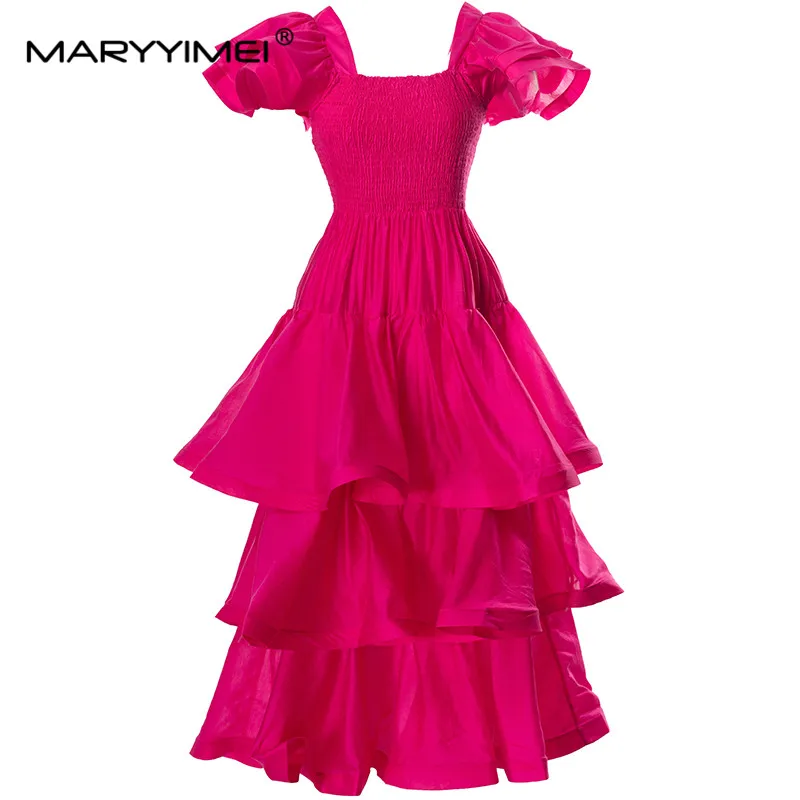 

MARYYIMEI Women's Elegant Ball Gown Dress Summer Square-Neck Butterfly sleeve High Waiste Tiered Ruffles Party Evening Dress