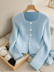 Chinese Style Blue Wool Knit Cardigan Women Retro Buckle Cashmere Knitted Sweater Lazy O-neck Knitwears Autumn Winter Korean Top