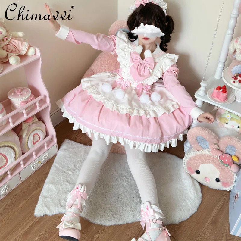 Lolita Style Long-sleeved Cute Bow Rabbit Ear Dress Autumn and Winter New Sweet Girl Long-sleeved Student Kawaii Short Dresses