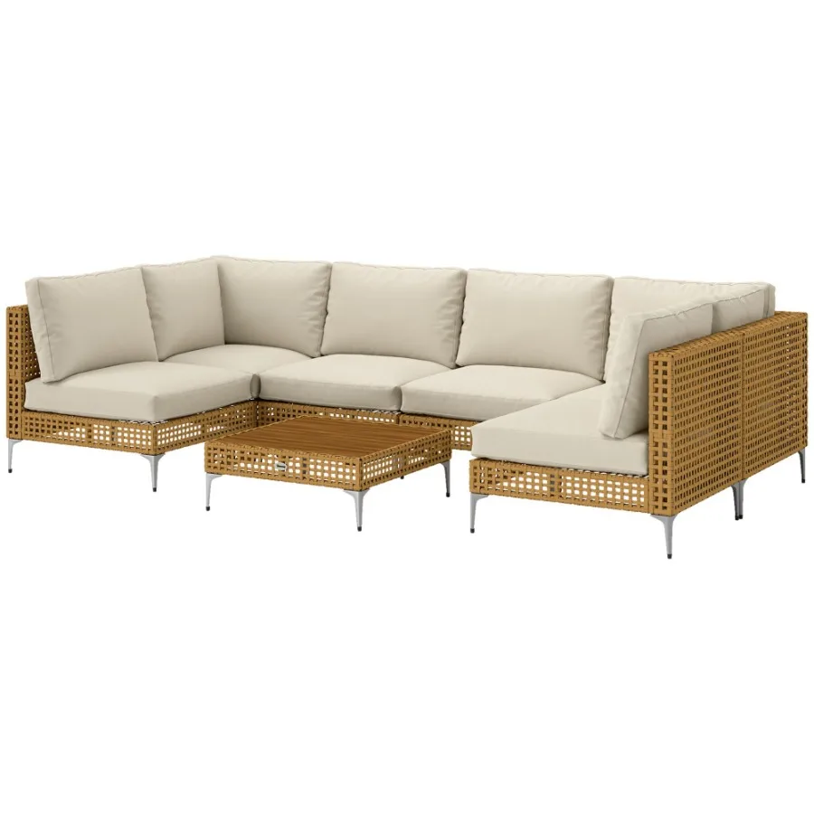 

7 Piece Wicker Patio Furniture Set Modular Outdoor Sectional with Thickened Cushions Acacia Wood Table Khaki Beige