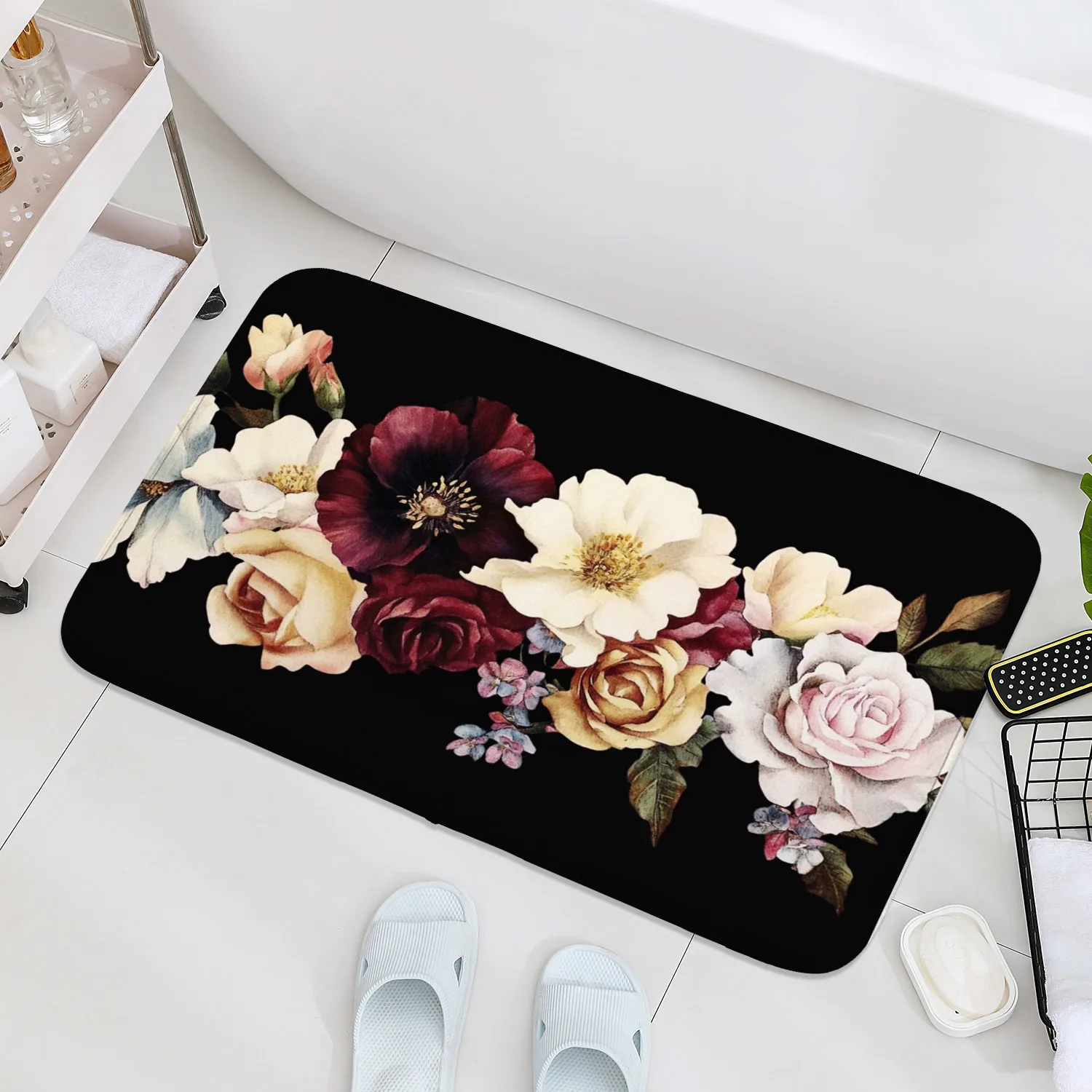 

1 piece of French rural flower bathroom living room decoration absorbent mat, kitchen machine washable non-slip door mat, rectan